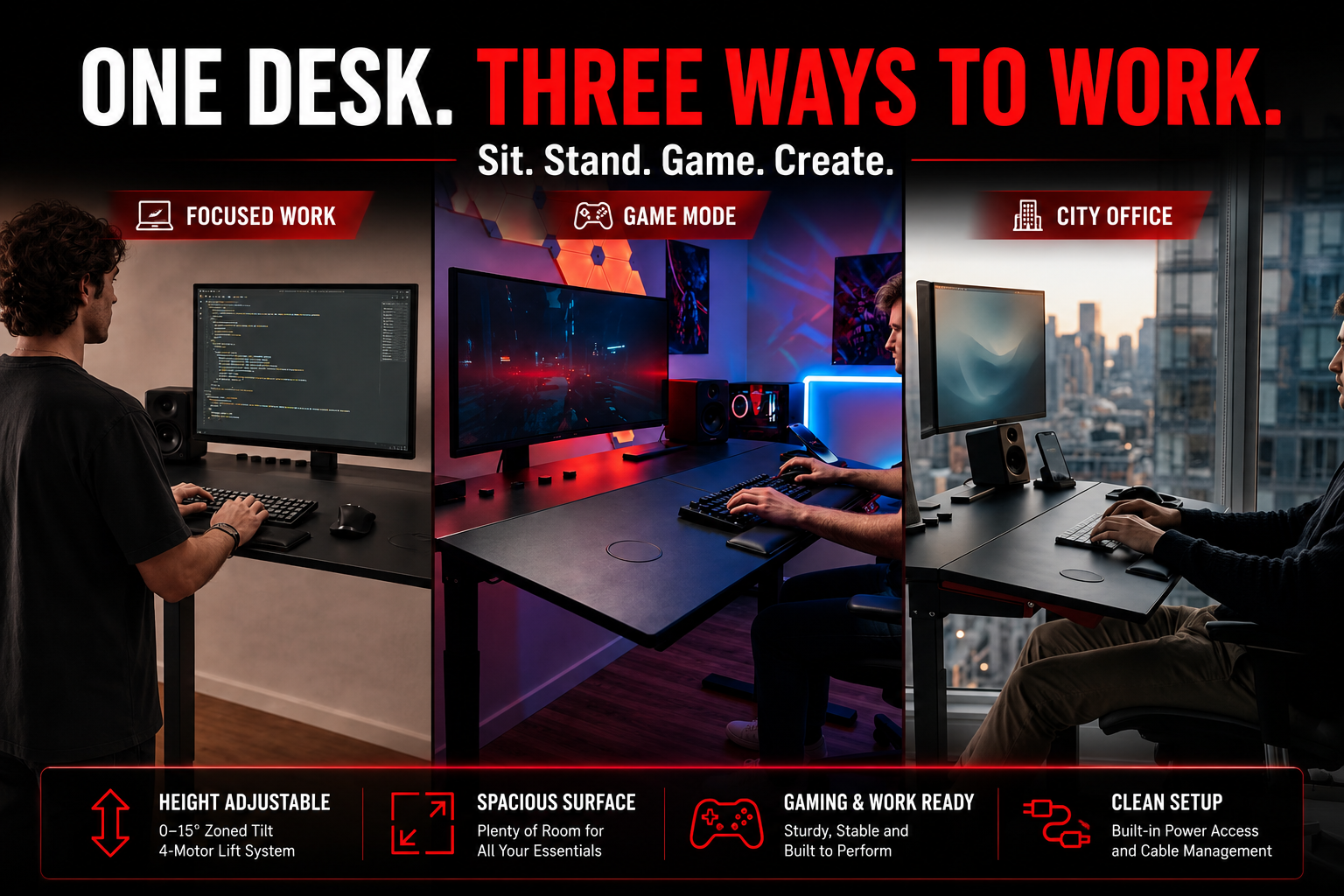 3 POSTURES. 1 DESK. 01 STANDING / 02 SITTING / 03 RECLINING