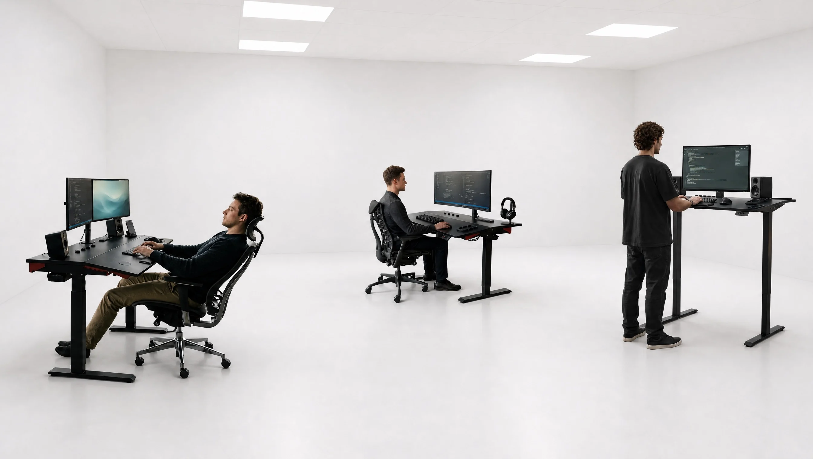 GTPLAYER three postures: sitting, standing, and reclining desk setups