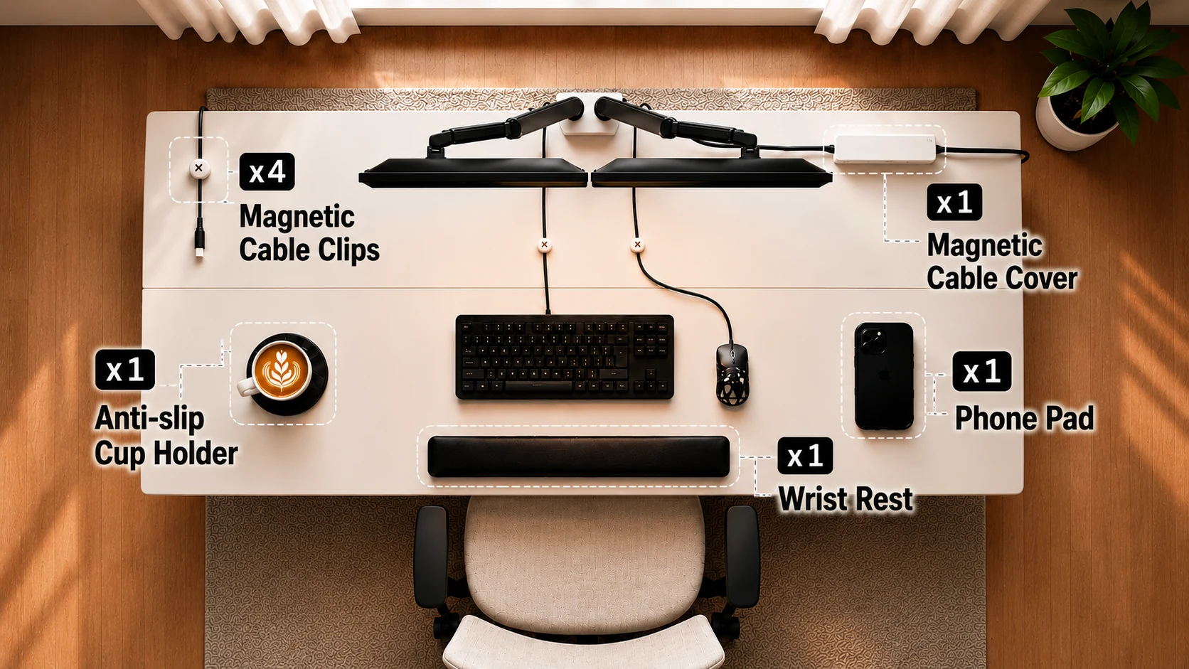 GTPLAYER desktop accessories with cable management, phone mount, wrist support, and coaster