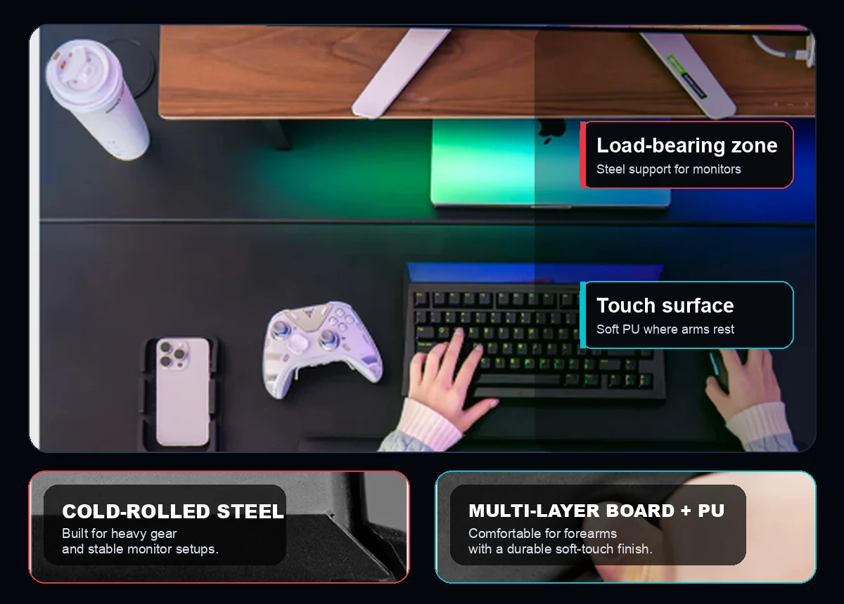 GTPLAYER dual-material worksurface with separate contact and load zones
