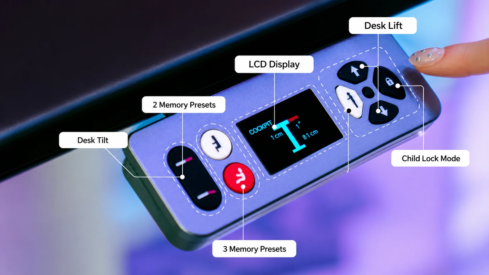GTPLAYER smart control panel with LCD display, desk lift, tilt, memory presets, and child lock