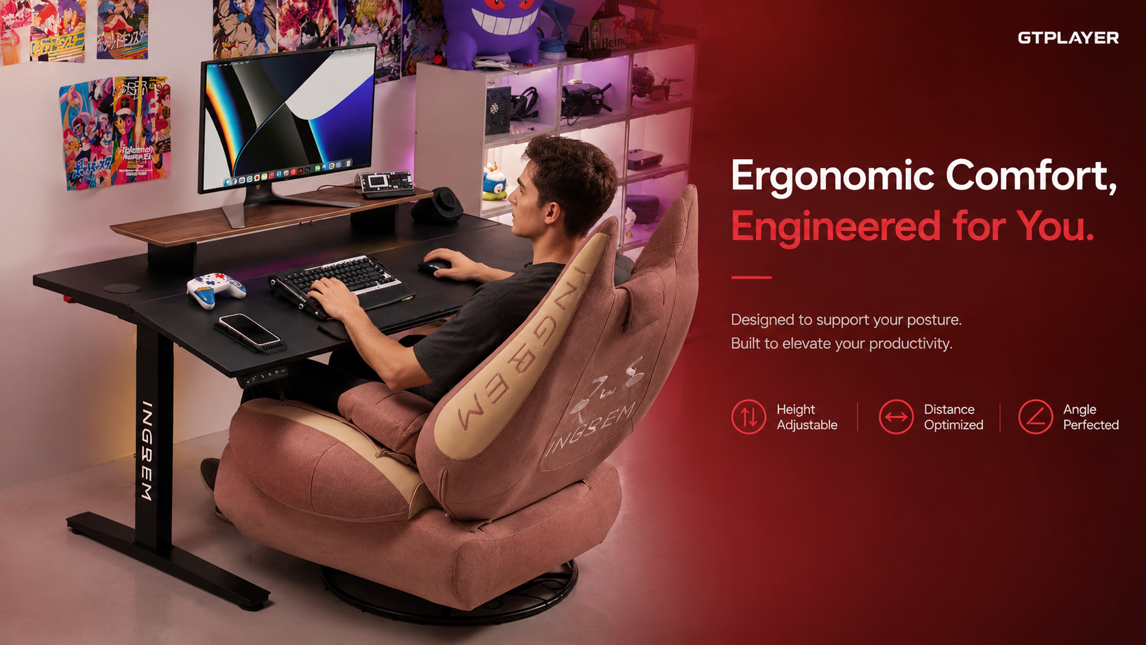 GTPLAYER ergonomic desk setup for relaxed gaming and work posture