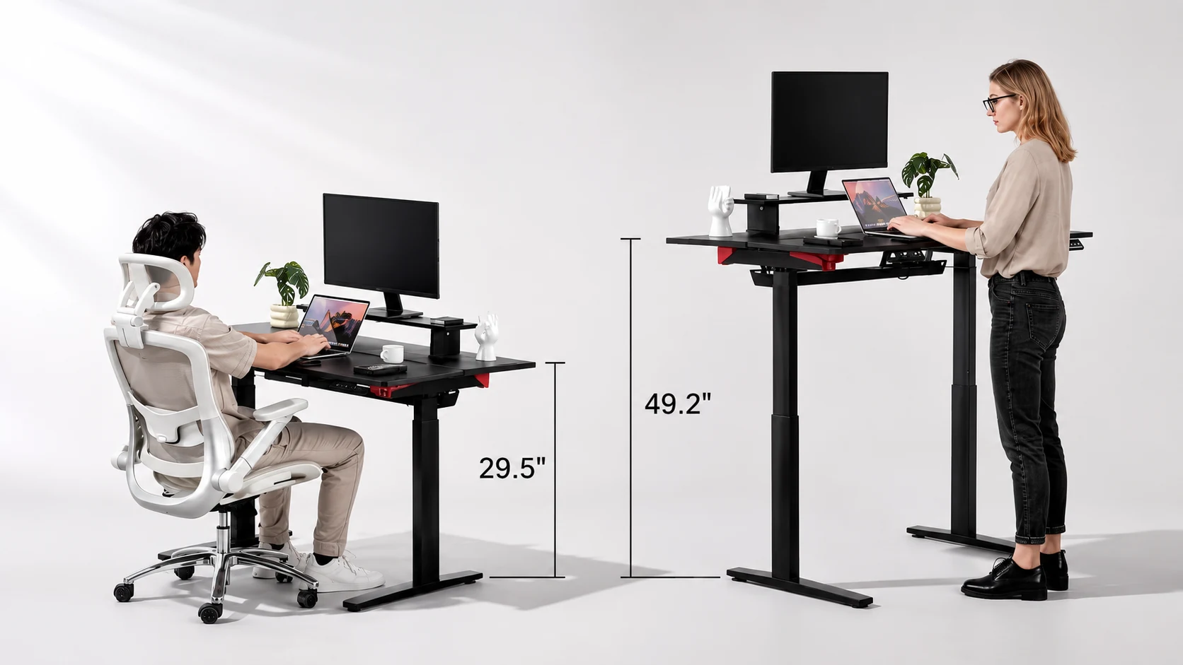 GTPLAYER standing height setup with a spacious desktop and organized accessories
