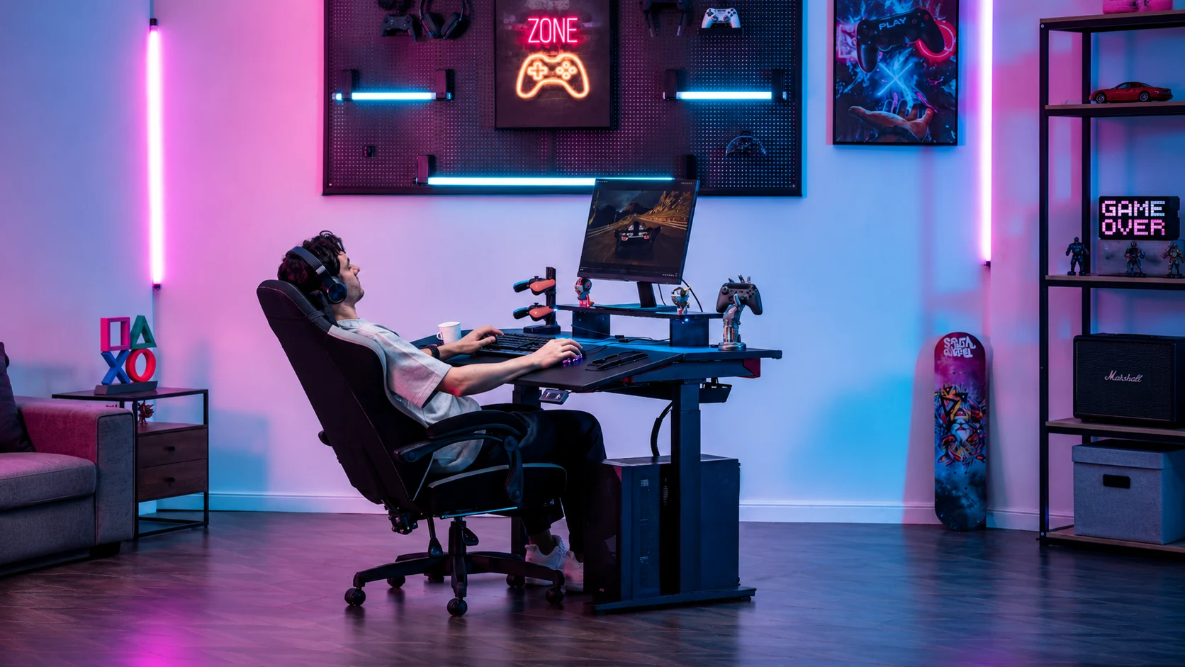 GTPLAYER gaming setup with reclined posture and RGB lighting
