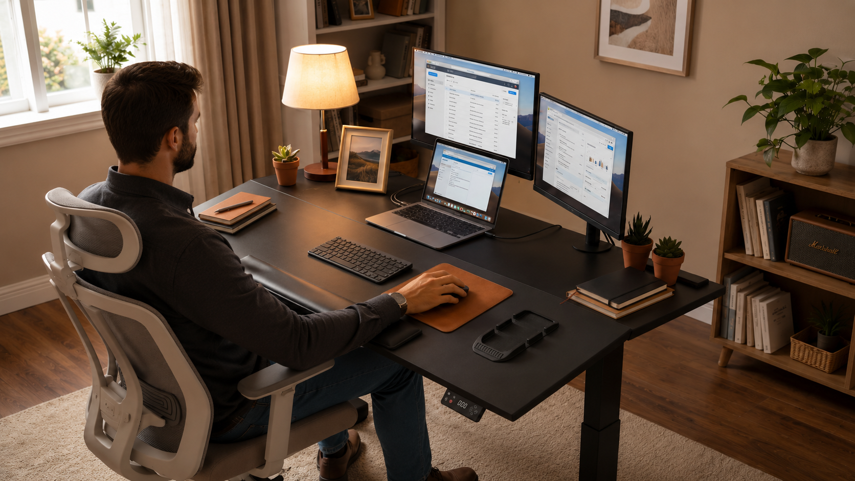 GTPLAYER adjustable desk in a multi-monitor home office setup